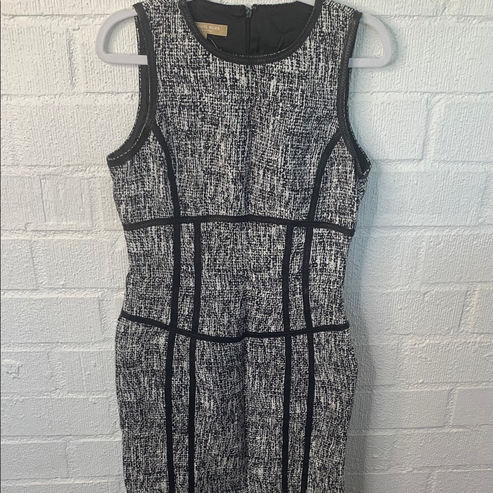 Michael Kors Wool Leather Trim Pencil Sheath Black and White Knee-Length Dress